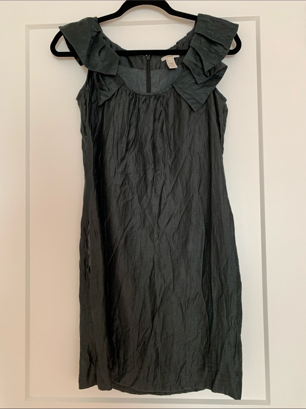 J. Crew Dark Gray Ruffle-Shoulder Shift Dress